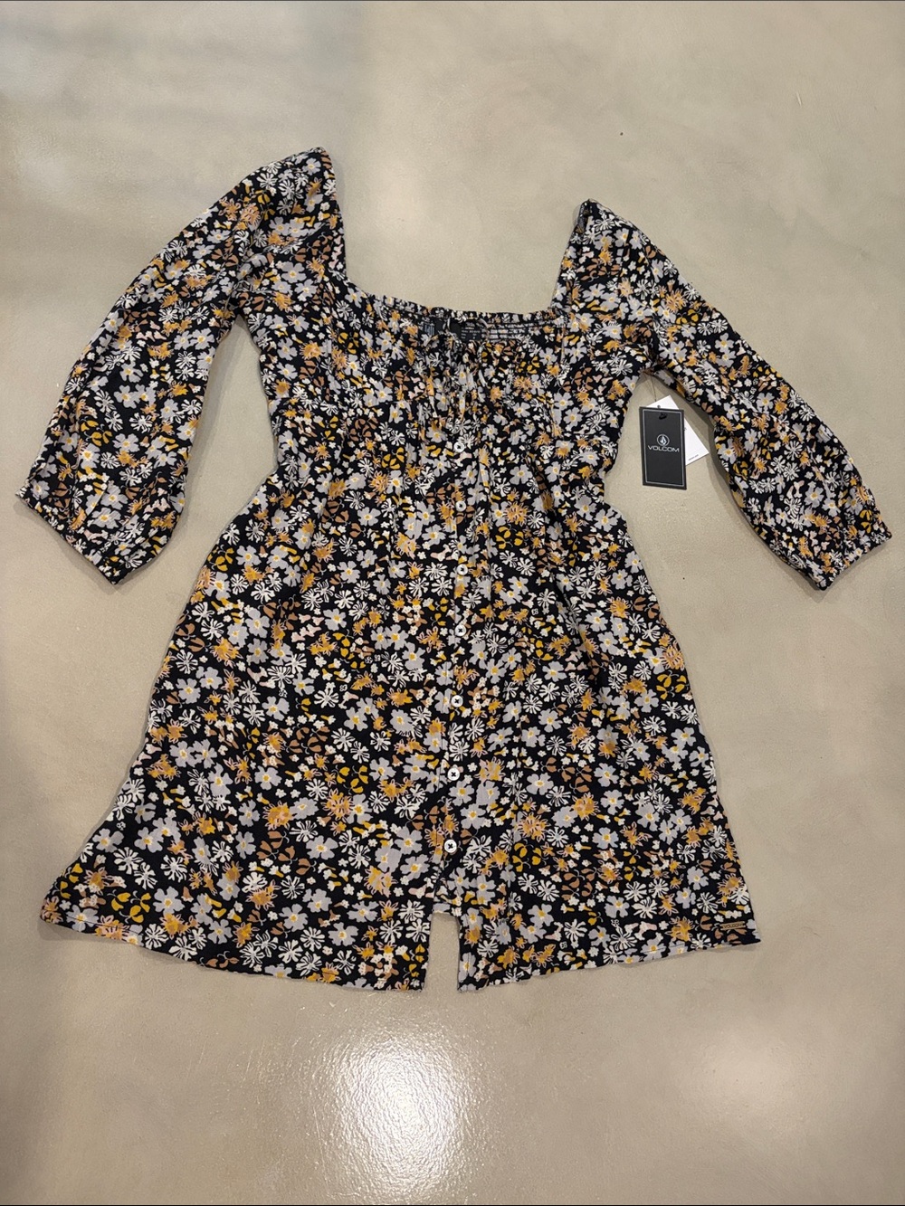 Volcom Black Floral Mini Dress with White and Yellow Flowers